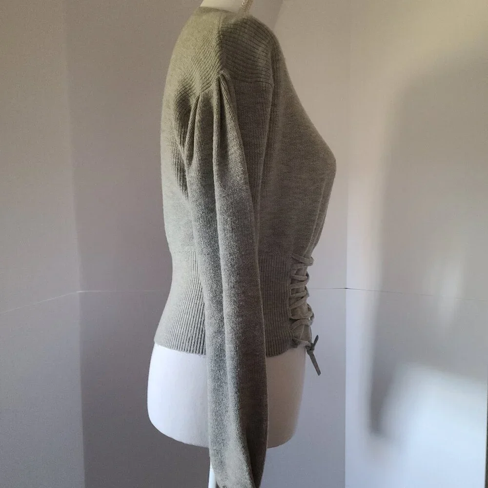 BCBG MAXAZRIA WOMENS LACE UP-CORSET- CROP SWEATER-LIGHT GRAY- SIZE MEDIUM - Picture 6 of 12